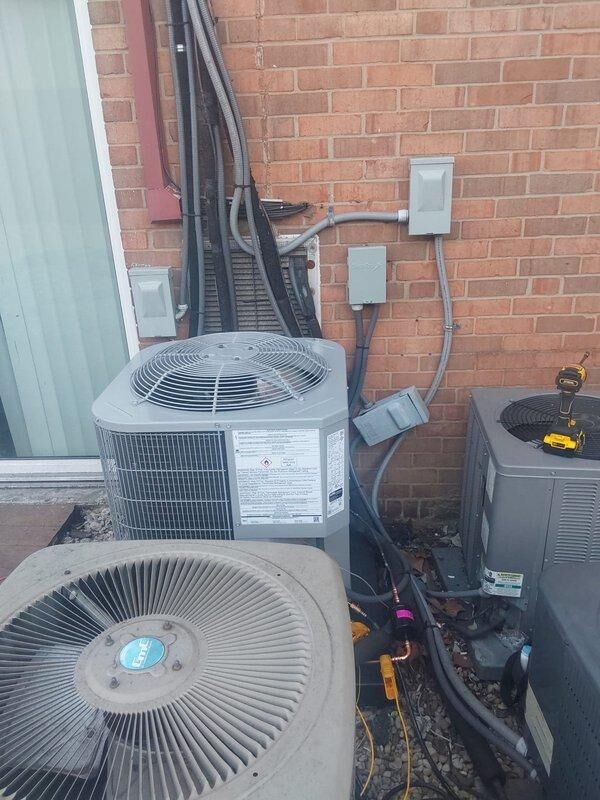 Completed full HVAC system installation for commercial application including one BCRMA2124S3N3 water fan coil unit installed in basement utility area with copper piping connections to existing water supply lines, one Bryant GA4SAN524 air conditioning condensing unit positioned on exterior equipment pad with electrical conduit and disconnect properly mounted to brick wall, new thermostat installation, and all necessary pipe fittings and connections. All equipment tested and verified operational, permit obtained, and system commissioned per manufacturer specifications.