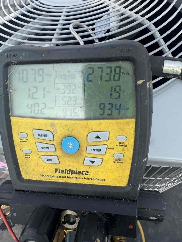 # Commercial A/C Installation Complete

Successfully installed one Bryant GA4SAN524 air conditioning unit at commercial facility. Installation included running new refrigerant piping and fittings to connect unit to existing supply lines. Performed complete refrigerant charge and system commissioning, verifying proper pressures and temperatures using calibrated manifold gauges. System readings showed 273.8 psig on high side with evaporator temperatures at 10.8°F and 12°F, indicating proper refrigerant flow and heat exchange. Installed new thermostat and wired to unit for proper temperature control. Conducted final system checkout measuring supply air temperature at 59.3°F with 58.7% relative humidity, confirming adequate cooling capacity and dehumidification performance. Obtained necessary permit for installation and completed all work to code requirements. Unit operational and performing to manufacturer specifications.