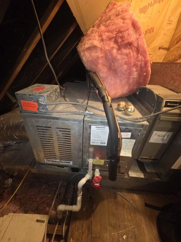 Conducted assessment for second-floor HVAC system replacement, confirming presence of existing Unico high-velocity system in attic space with flexible insulated ductwork. Customer is interested in heat pump conversion option; documented current installation including Honeywell controls, PVC connections, and overall system configuration to prepare comprehensive replacement proposal.