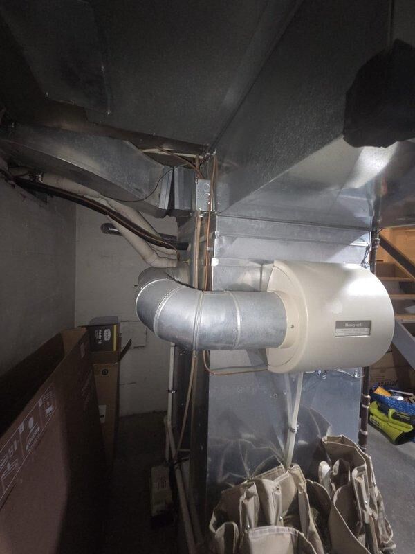 Conducted a replacement estimate for a Goodman furnace system with connected Bryant components. Evaluated existing ductwork configuration and Honeywell humidifier installation. Documented current mechanical room setup including water heater integration and PVC exhaust ventilation to provide comprehensive replacement options.