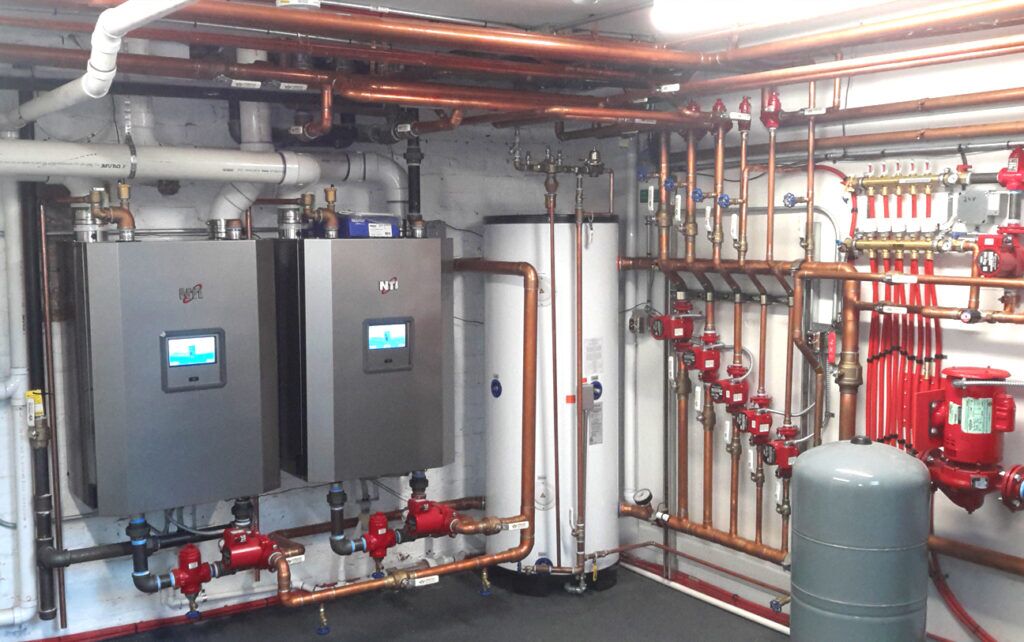 Boiler room in basement of commercial building