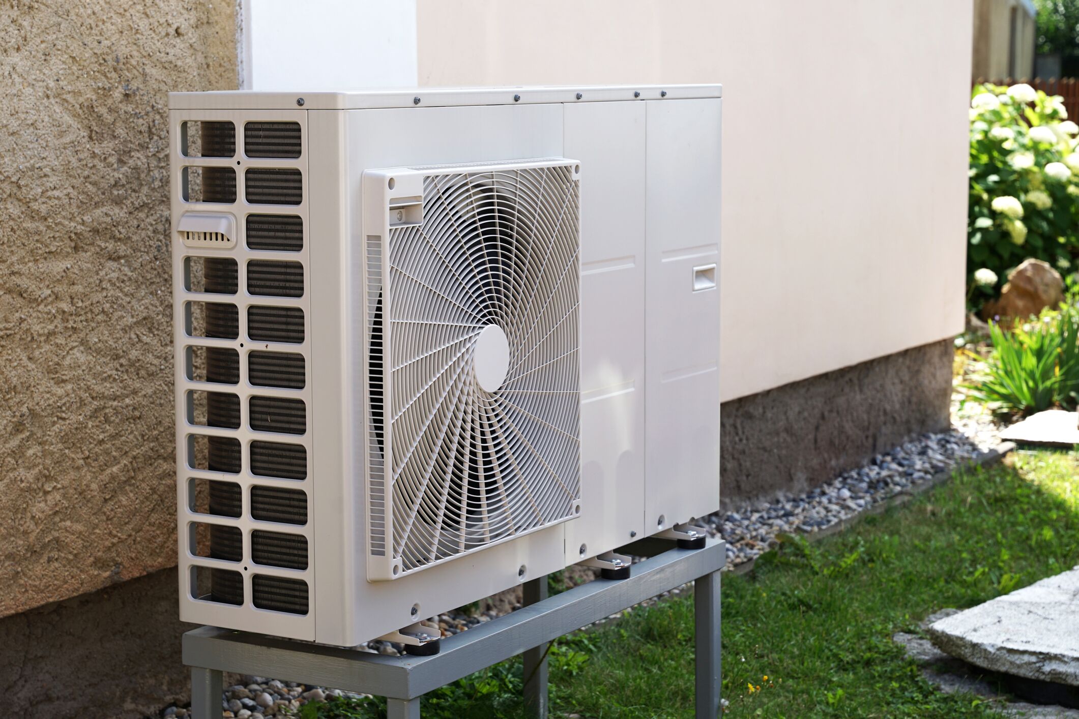 angled view of raised heat pump unit