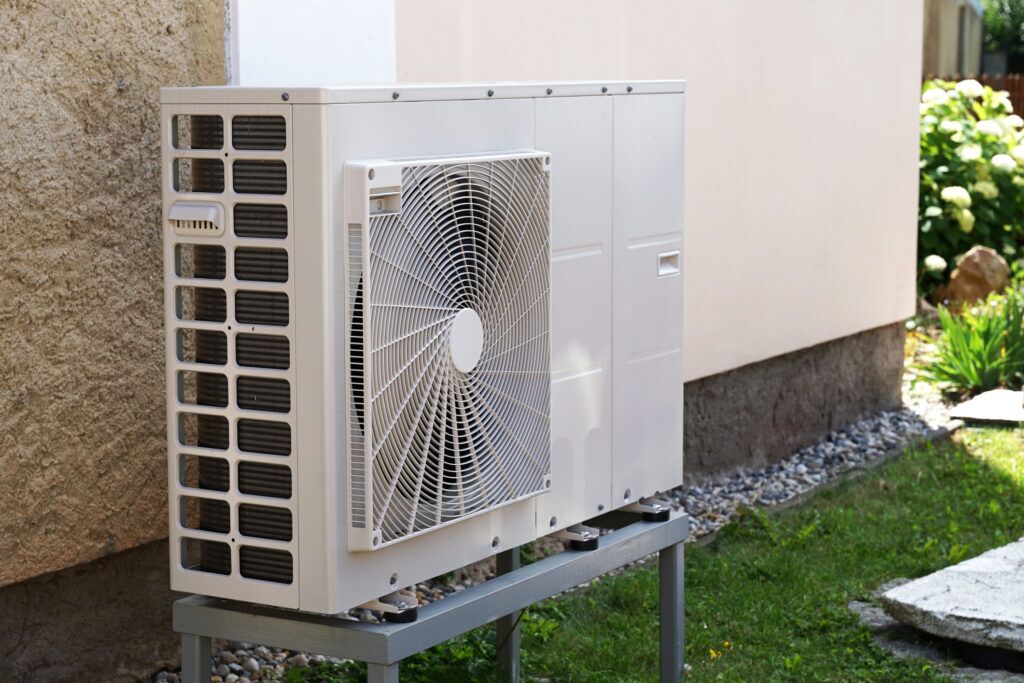 angled view of raised heat pump unit